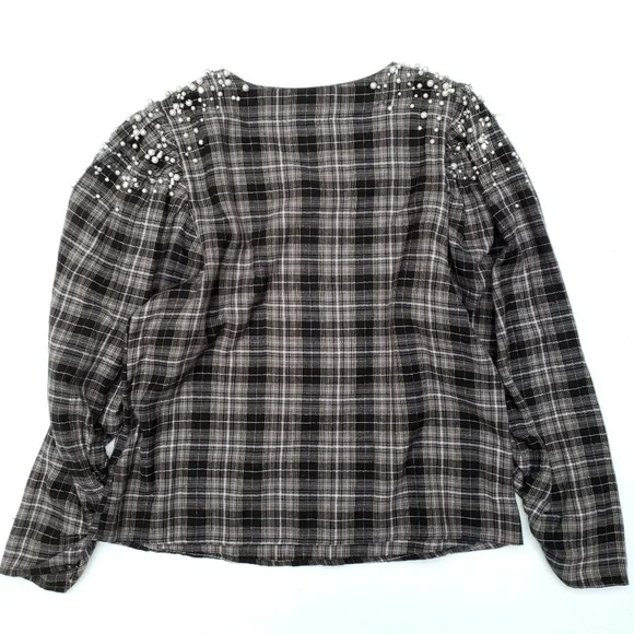 Anthropologie Black White Plaid Beaded Top - Picture 6 of 8